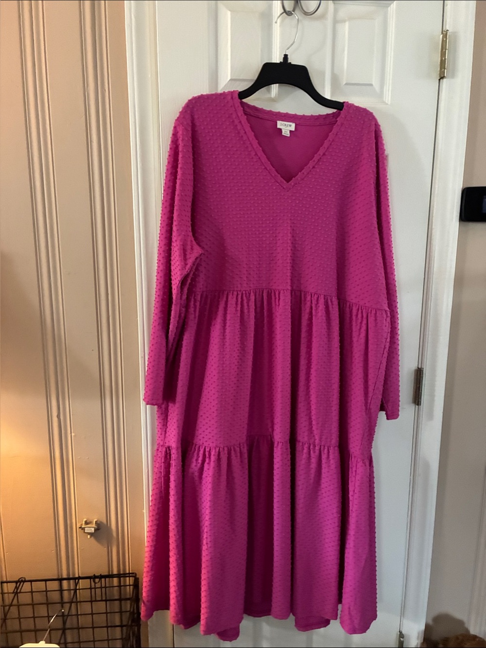 J. Crew Fuchsia Pink Textured Long Sleeve Tiered Dress
